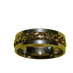 Women's Men's Ring Sz 12.5 - 13 Silver Gold Color Chain Spin Fidget NEW A-024